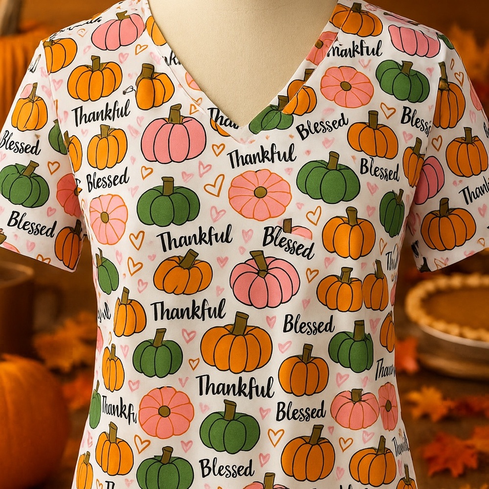 COPY - NWT Divine Stretch Thanksgiving Pumpkin Scrub Top Sz S